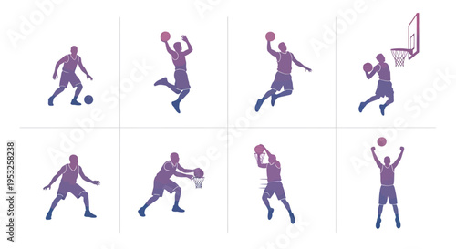 Basketball Player Silhouettes Set with Gradient Effects. Professional Athletes Dribbling, Jumping, and Slam Dunking. High-Quality Sports Graphic Illustrations.