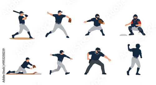 Flat vector illustration of various professional baseball players including a pitcher, batter, catcher, umpire, and fielders in action poses on white background