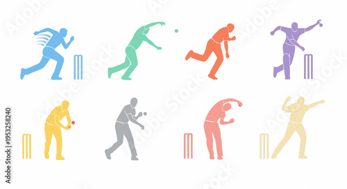 Colorful Minimalist Cricket Bowler Silhouettes Set Featuring Athletes in Various Dynamic Bowling and Fielding Action Poses for Sports Design and Graphic Media.