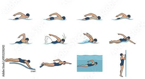 Professional swimming stroke technique illustrations showing freestyle crawl, butterfly movement, diving starts, and wall turns for aquatic sports education.