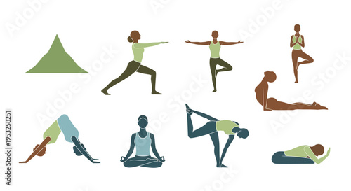 Yoga Poses Silhouette Collection with Minimalist Vector Illustrations of Women in Various Asanas like Downward Dog, Lotus, and Tree Pose for Health and Wellness.