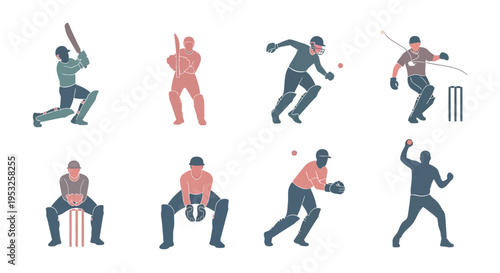 Vector Illustration Set of Professional Cricket Players in Various Action Poses Including Batting Bowling Fielding and Wicketkeeping for Sports Graphic Design.
