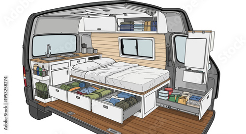 Camper van interior with bed and kitchenette