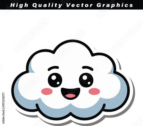 Charming white cartoon cloud character featuring adorable kawaii eyes and rosy cheeks presents a happy weather concept suitable for digital design.
