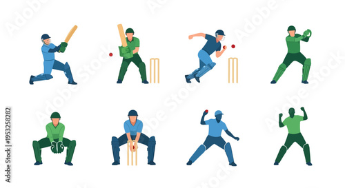 Cricket Player Vector Illustration Set Featuring Batsmen Bowlers and Fielders in Dynamic Poses for Sports Design Projects on a Clean White Background Graphic.