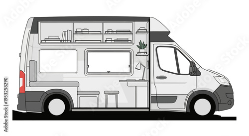 Camper van interior with kitchenette and shelving
