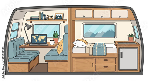 Cozy camper van interior with desk and bed
