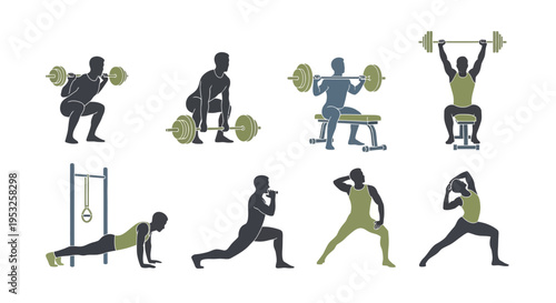 Set of fitness exercise icons showing men performing weightlifting, deadlifts, squats, bench press, and bodyweight stretches for gym workout infographics.