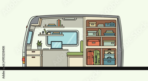 Cozy camper van interior with desk and shelving