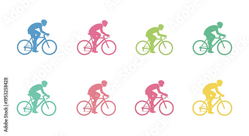 Colorful Minimalist Cyclist Silhouettes Set on a White Background. Perfect for Sports Graphics, Fitness Icons, and Road Bike Racing Design Elements for Web.