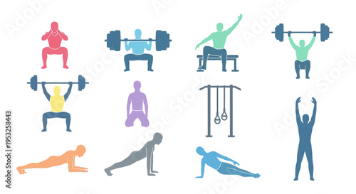 Colorful Fitness Exercise Silhouettes Collection Set of People Working Out Gym Training Weightlifting Bodybuilding Health Wellness Lifestyle Vector Illustration