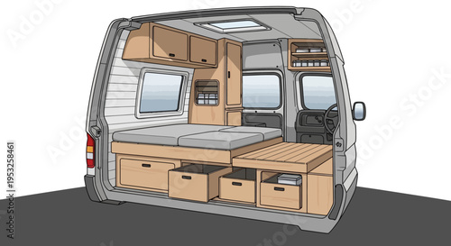 Camper van interior with wooden furniture and storage