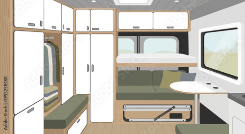 Camper van interior with bunk bed and sofa