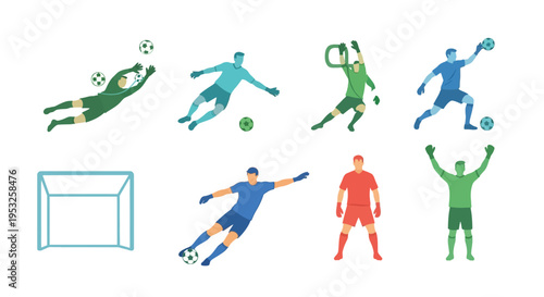 Set of Flat Vector Illustrations Featuring Soccer Goalkeepers in Various Dynamic Action Poses Diving Saving and Defending the Goal Isolated on White Background