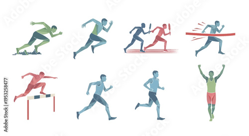 Collection of Abstract Geometric Low Poly Illustrations of Track and Field Athletes Sprinting, Hurdling, Running Relay Races, and Celebrating Victory on White.