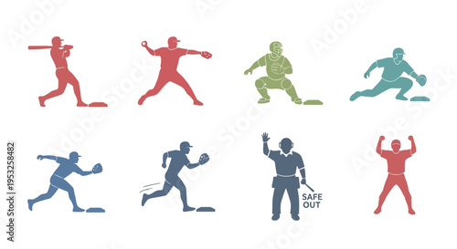 Set of colorful baseball player silhouettes including batter, pitcher, catcher, runner, and umpire icons for sports graphics, athletic team logos, and design.