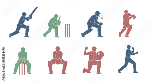 Professional Cricket Player Silhouette Icons Set Featuring Various Action Poses Like Batting Bowling and Wicketkeeping for Sports Graphic Design Elements.
