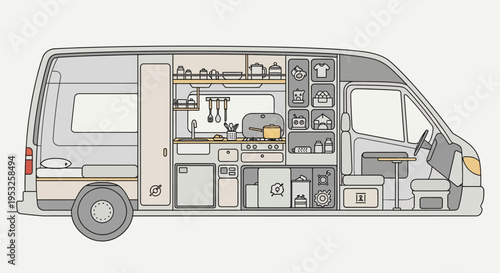 Camper van interior with kitchen and living space