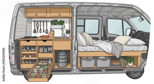 Camper van interior with kitchen and bed