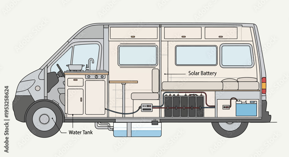 Obraz premium Camper van interior with solar battery and water tank diagram