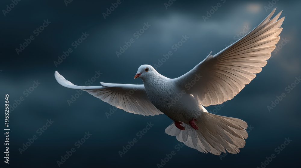 Obraz premium White dove flying across dark blue moody sky, soft light illuminating wings, peaceful motion and elegant feather detail