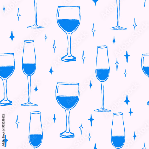 Wine glasses with decorative elements, seamless pattern. Minimal line vector illustration suitable for fabric wrapping paper packaging and drink design.