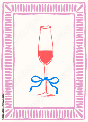 Champagne glass vector illustration with decorative frame and bow on white background. Line drawing suitable for menu card invitation packaging and drink design.