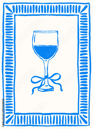 Wine glass vector illustration with decorative frame and bow on white background. Line drawing suitable for menu card invitation packaging and drink design.