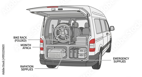 Van interior with labeled storage compartments and bike rack
