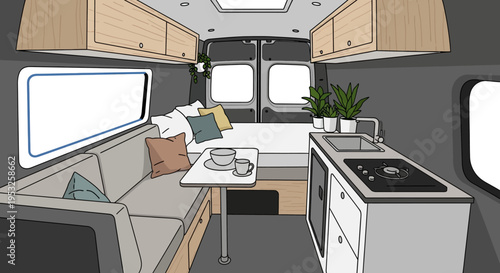 Cozy campervan interior with kitchenette and sofa