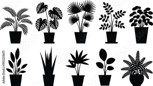 Potted plant silhouettes collection, indoor tropical houseplants and leafy foliage vector illustration, black botanical clipart set isolated on white background for home decor design