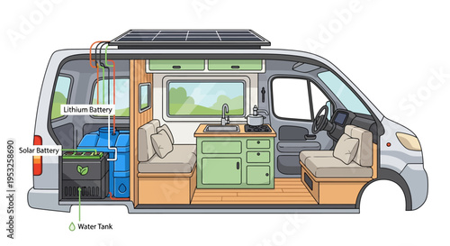 Camper van interior with solar panel and battery system