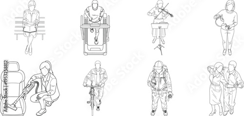 Collection of eight medieval illustrations of people isolated on transparent background