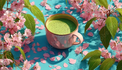Matcha Latte Surrounded by Cherry Blossoms on Turquoise Background, Springtime Still Life.