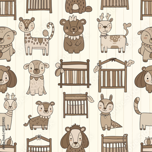 A digital illustration of a repeating pattern featuring cartoon animals and cribs on a beige background with brown accents.