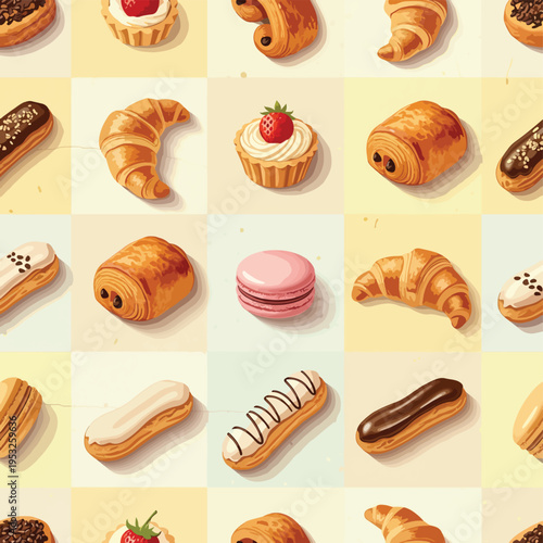 Flat lay of assorted pastries and desserts arranged in a grid on a multicolored background with a playful and appetizing mood.