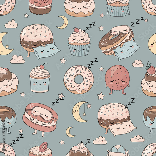 Seamless pattern of sleeping sweet treats, including cupcakes, donuts, and cakes, with zzz's and crescent moons on a soft gray background.