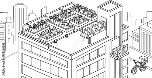 Isometric line art vector of urban rooftop farm, sustainable agriculture and eco friendly food delivery