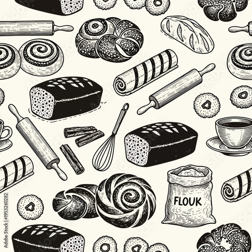 Seamless pattern of black and white illustrations of various breads, baking tools, and ingredients on a beige background with a vintage feel and warm tones.