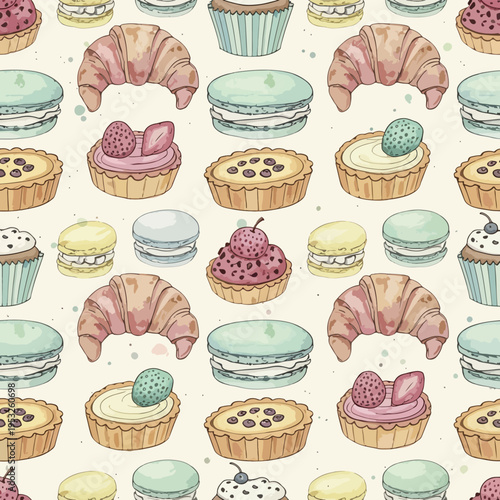 Seamless pattern of assorted sweet pastries and desserts, including croissants, cupcakes, and macarons, on a white background with a colorful and appetizing arrangement.