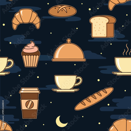 Seamless pattern of various baked goods and coffee cups against a dark blue night sky with stars and a crescent moon, featuring a warm color palette.