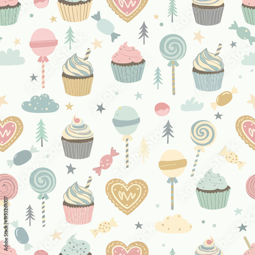 A colorful pattern of various sweet treats and decorations including cupcakes lollipops and candy on a white background with a whimsical and playful mood.