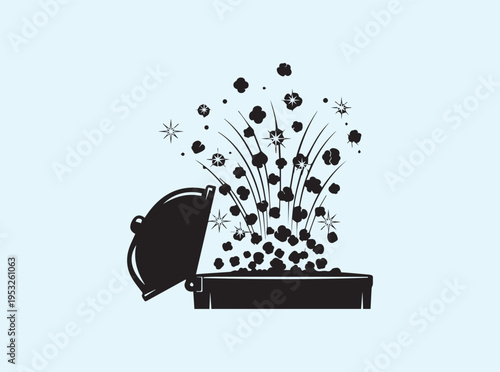 Dynamic popping corn illustration with bursting kernels in high arcs on white