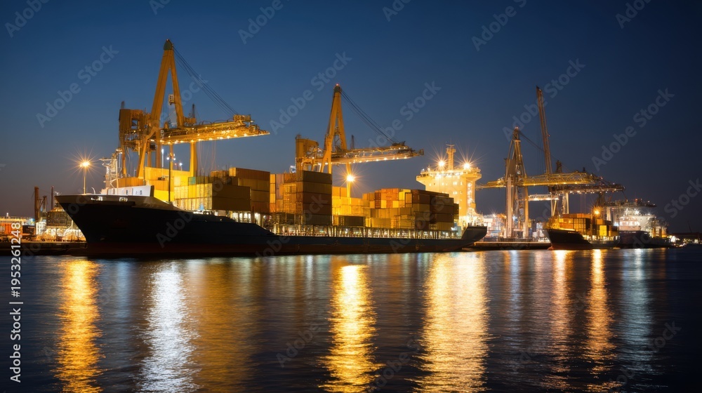 Obraz premium Shipping and cargo operations at night port city industrial scene waterfront wide angle maritime logistics