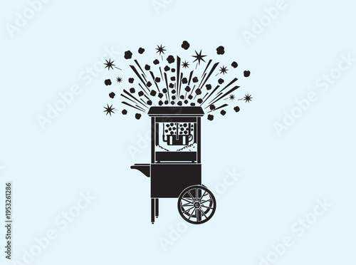 Popping corn graphic with numerous kernels bursting from an open machine