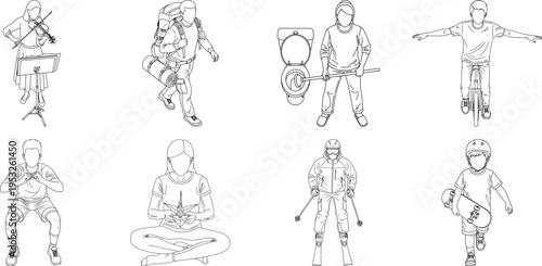 Collection of eight character sketches isolated on transparent background