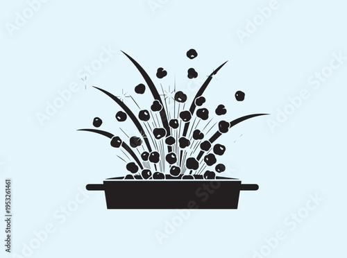Dynamic popping corn silhouette with kernels blasting from an open pot