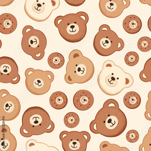 Seamless pattern of cute cartoon bears and pacifiers in various brown shades on a soft cream background with a playful mood.