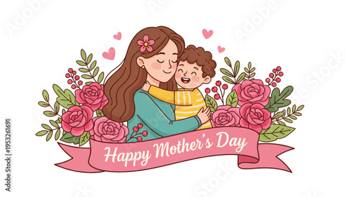 Mother Hugging Child with Flowers for Mother's Day Greeting Card Design