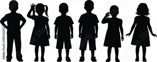 Children silhouettes standing in different poses, illustrating childhood, kids diversity, posture, personality, and human figure reference for design concepts